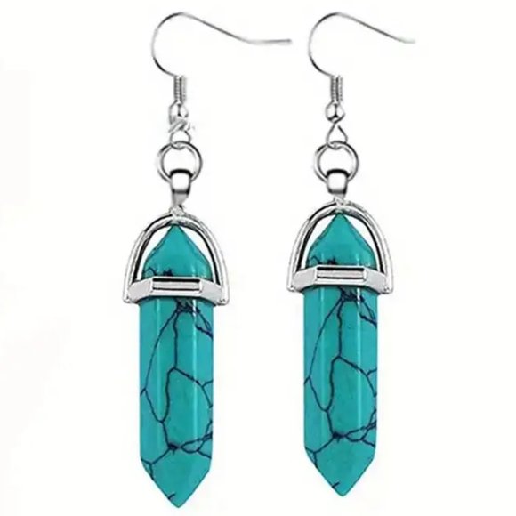 Hexagon Point Dangle Earrings Blue Howlite Natural Stone - Picture 1 of 2